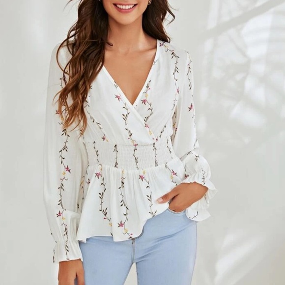 Floral print surplice neck  peplum long sleeve top - Picture 6 of 6